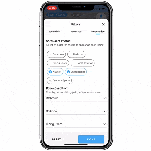 Selecting room condition filters in the Torii app